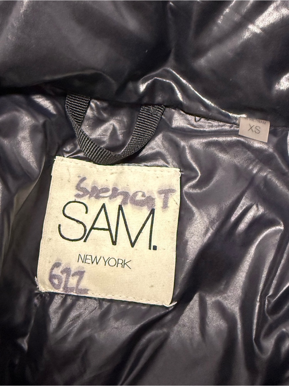 SAM. New York Black Glossy Goose Down Puffer Jacket XS Thumbhole Cuffs - Picture 2 of 14